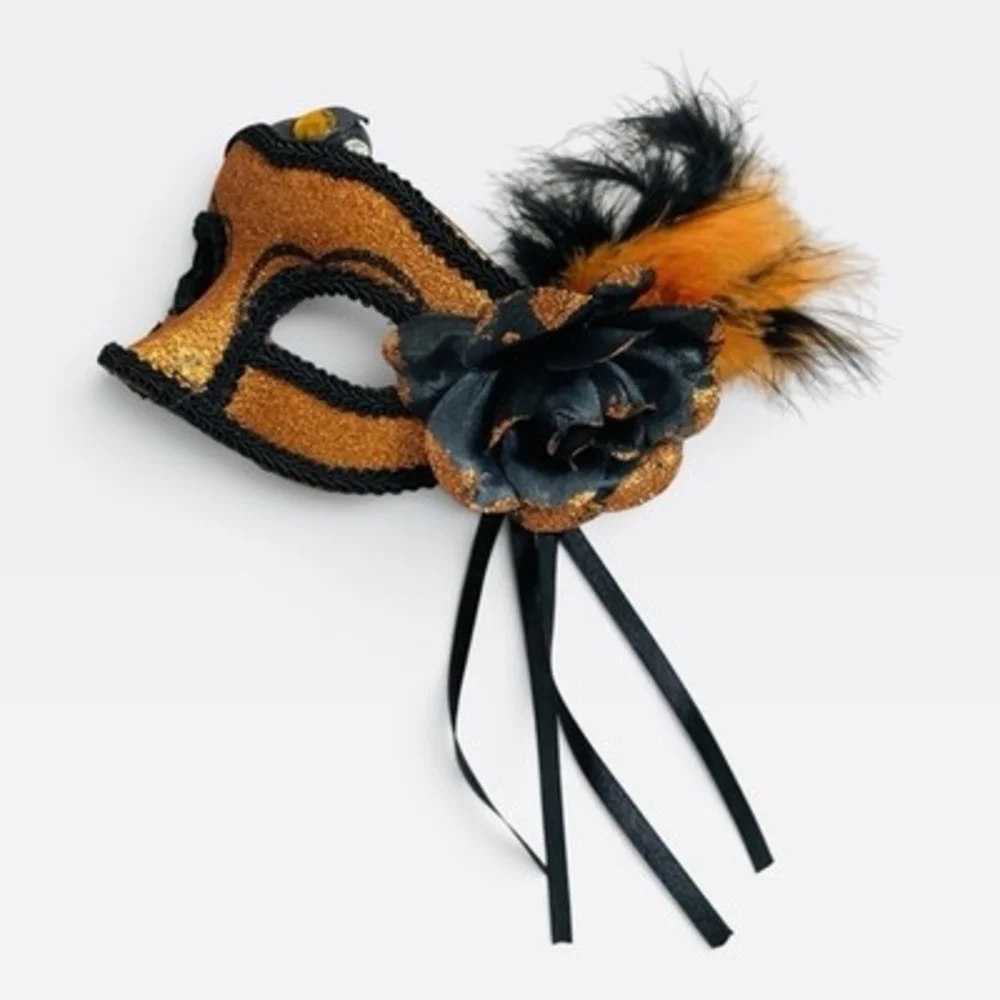 Venetian Masquerade Mask Gold Glitter Feather Trim Halloween Costume Party VG